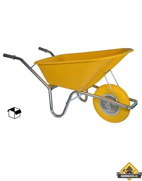 Bouwkruiwagen Basic PE 100 Liter geel softwiel (anti-lek band) DOOS - NL-fabricaat 